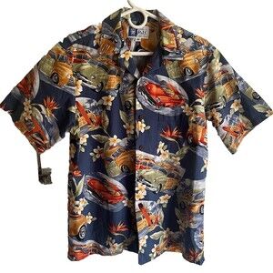 RJC Hawaiian Shirt Men's Small Blue Cars Hot Rod Surf Floral Vintage 90’s